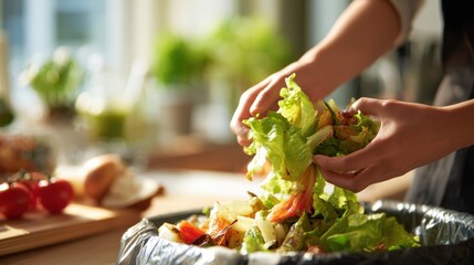 Woman Disposing Uneaten Salad in Kitchen, Highlighting Food Waste