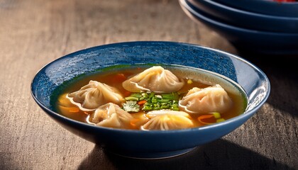 famous singaporean dumpling soup in a food court hawker center served in blue bowl