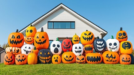 A vibrant display of decorative Halloween pumpkins in various designs set in front of a house against a clear sky.