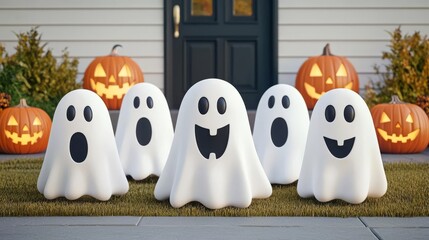 A cheerful group of playful ghosts gathered around glowing pumpkins in a festive Halloween setting.