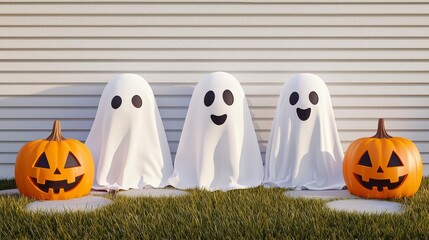 Three friendly ghosts stand beside carved pumpkins in a festive Halloween setting, celebrating the spirit of the holiday.