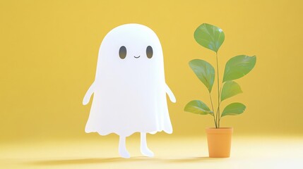 A cute cartoon ghost stands beside a vibrant green plant in a cheerful yellow background, perfect for whimsical decor.