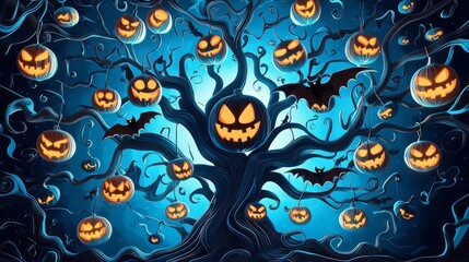 A spooky Halloween tree adorned with glowing pumpkins and bats against a dark blue backdrop, perfect for festive themes.