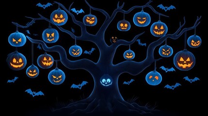 A spooky Halloween tree adorned with glowing ornaments and bats, creating an eerie atmosphere of festive fright.