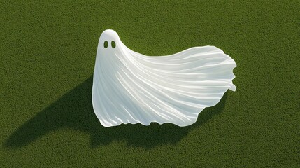 A whimsical white ghost figure floating gracefully over lush green grass, symbolizing mystery and playfulness.