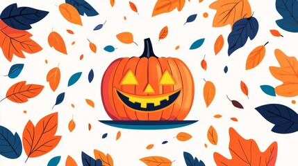 A vibrant Halloween pumpkin surrounded by colorful autumn leaves, capturing the essence of fall festivities.