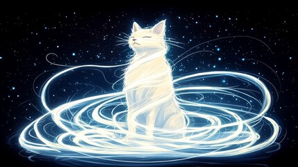 A mystical white cat surrounded by glowing energy, evoking a sense of tranquility and magic against a starry backdrop.