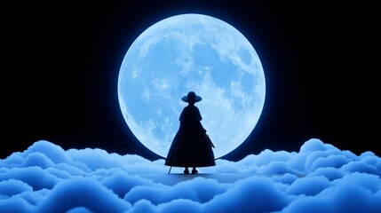 A silhouette of a person standing on clouds under a bright full moon, creating a serene and mystical atmosphere.