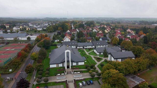 Aerial Freiberg Germany LDS Temple rainy 2. The Church of Jesus Christ of Latter-day Saints, LDS or Mormon religion. Urban rural neighborhood. Christian religious groups, Europe.