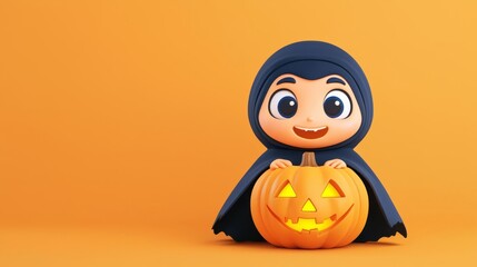 A cheerful child in a cloak holding a glowing pumpkin, celebrating Halloween in a vibrant orange setting.