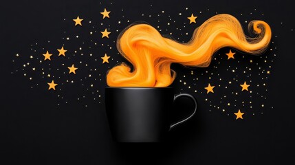A captivating black mug with swirling orange steam and starry background, creating a magical beverage experience.
