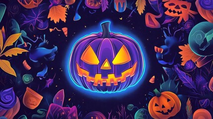 A vibrant Halloween scene featuring a glowing pumpkin surrounded by spooky elements in a colorful autumn backdrop.