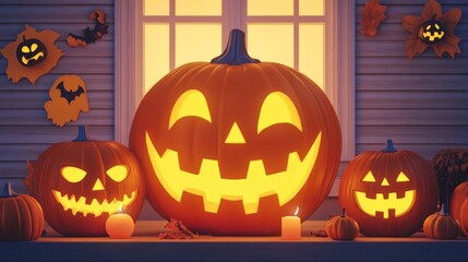A festive display of carved pumpkins with glowing faces, celebrating Halloween in a cozy, autumn setting.