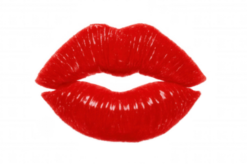 Red glossy lips showcasing sensuality and beauty, applying vibrant lipstick effect. Transparent background
