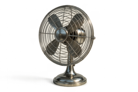 Vintage metal electric fan providing airflow on transparent background