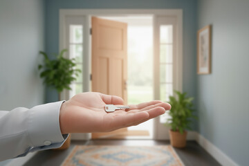 Hand presenting a single house key with an open front door and bright outdoor light in the background, symbolizing new beginnings, real estate, and property sales