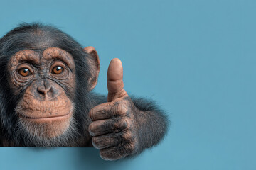 Happy chimpanzee giving thumbs up on blue background