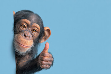 A cute chimpanzee peeks around a corner giving a thumbs up