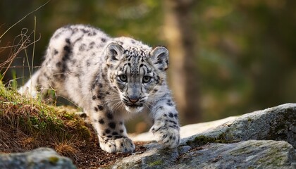 snow leopard kitten descending rocky surface in the woods