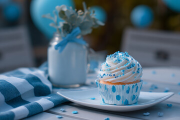 Delicious blue cupcake on a plate with sprinkles and a pretty vase in the background a perfect baby shower treat