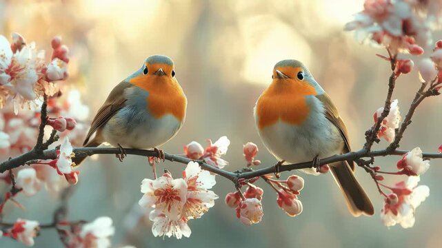 Two small birds perched on a blossoming branch during springtime, showcasing nature's beauty and life