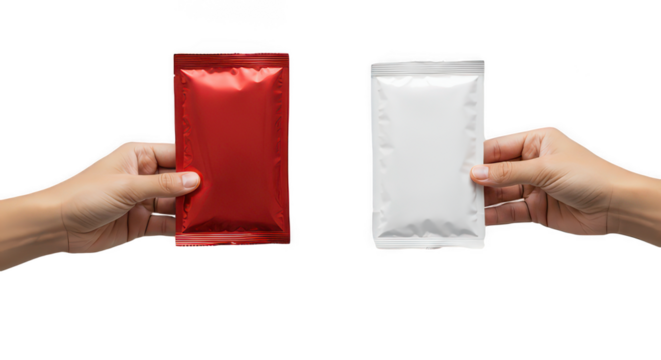 Hands Holding Red and White Sachet Packets — Realistic Foil Packaging Mockup for Food, Coffee, or Cosmetic Products, Isolated on Transparent Background PNG
