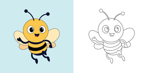 Fototapeta premium Cute Cartoon Bee Vector – Color and Outline Version | Fun Kids Illustration