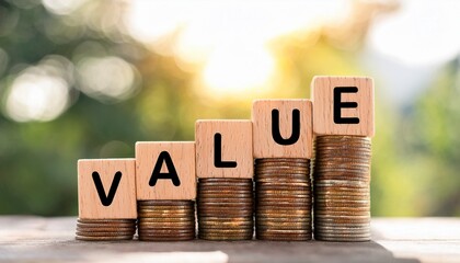 wooden cubes with value word on stacked of coins in stair shape on nature background