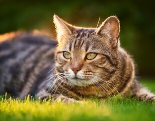 a tabby cat resting on the grass