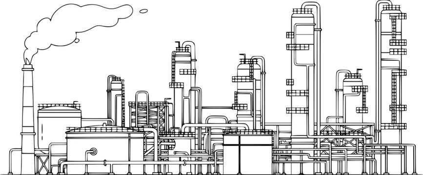 Industrial oil refinery sketch with tanks and pipes, schematic line art, isolated on white.
