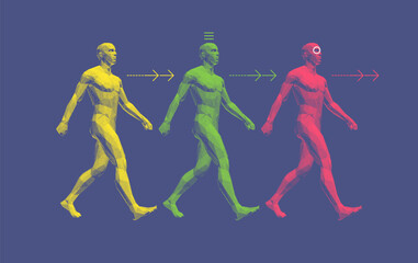 An abstract human figure moving forward. Three human figures in dynamic motion toward a goal. 3D illustration for brochure, poster, presentation, flyer or banner.