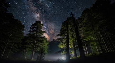 Breathtaking milky way over a dark forest, shining stars illuminate the night sky with vibrant colors and cosmic beauty for adventure and travel inspiration