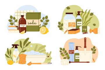 Eco friendly and natural cleaning products set. Vinegar bottle and soda, wooden brush and dustpan, cloth and sponge, safe soap and supplies to clean and wash household cartoon vector illustration