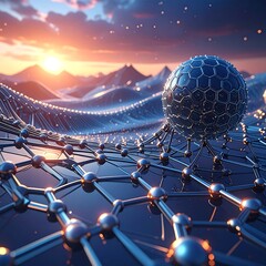 Metallic sphere rests on a network of connected nodes against a mountain landscape at sunrise