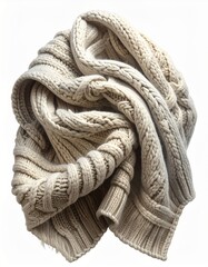 Close Up of Cream Color Knitted Throw Blanket with Cable Stitches on White Background