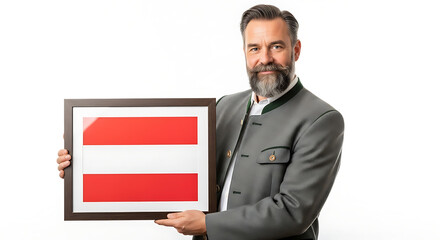 Austrian national day austrian man holding austrian flag in frame traditional clothing culture travel europe nation patriotism