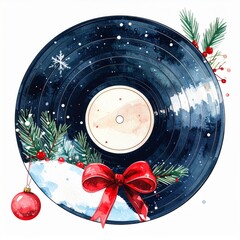 Festive Christmas Vinyl Record with Snowflakes and Red Bow on White Background