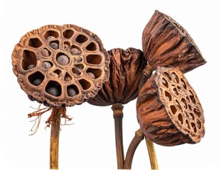 Dried Brown Lotus Seed Heads Against White Background Macro Studio Shot