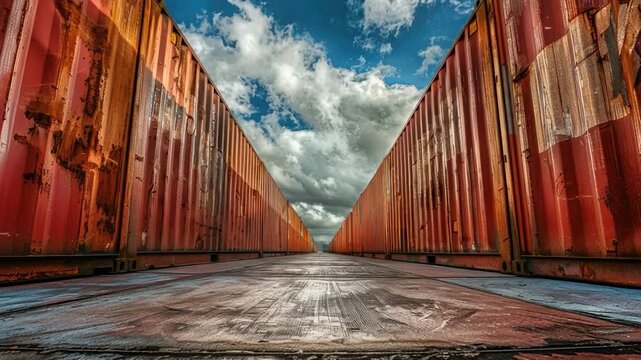 video A long row of red shipping containers sits on top of a cement floor, providing storage and transportation