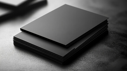 Stack of sleek black business cards on a dark textured surface showcasing modern design aesthetics
