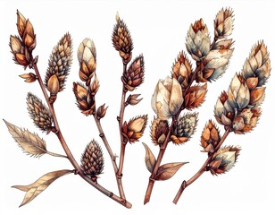 Watercolor Illustration of Willow Branches with Buds on White Background