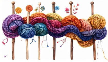 Colorful Wool Yarn Skeins Hanging on Wooden Rods with Floral Decoration
