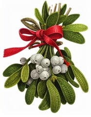 Mistletoe Bouquet Tied with Red Ribbon on White Background Holiday Decoration