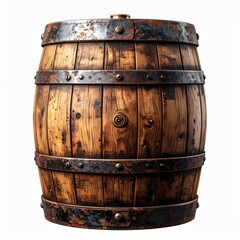 Wooden Barrel Aged Storage Container with Metal Hoops on White Background