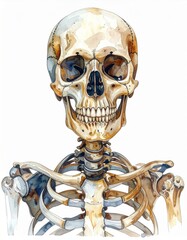 Watercolor Painting of Human Skeleton with Neutral Background Educational Anatomical Illustration