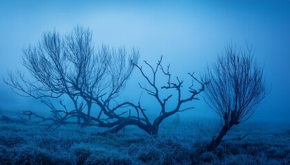 mysterious blue scene of dried tree branches in misty morning