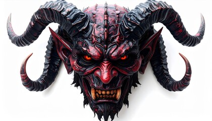 Detailed Sculpture of Demon Face with Red Skin and Large Horns on White Background
