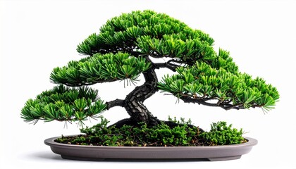 Green Bonsai Tree with Textured Trunk in Ceramic Pot Against White Background Studio Lighting