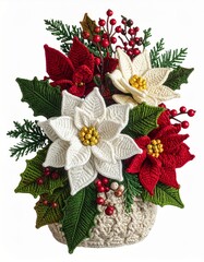 Floral Christmas Arrangement with Knit Red and White Poinsettias in Vase on White
