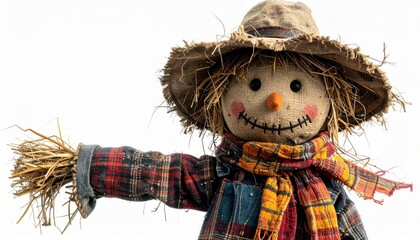 Festive Scarecrow Ornament with Straw Hat and Plaid Accents on White Background